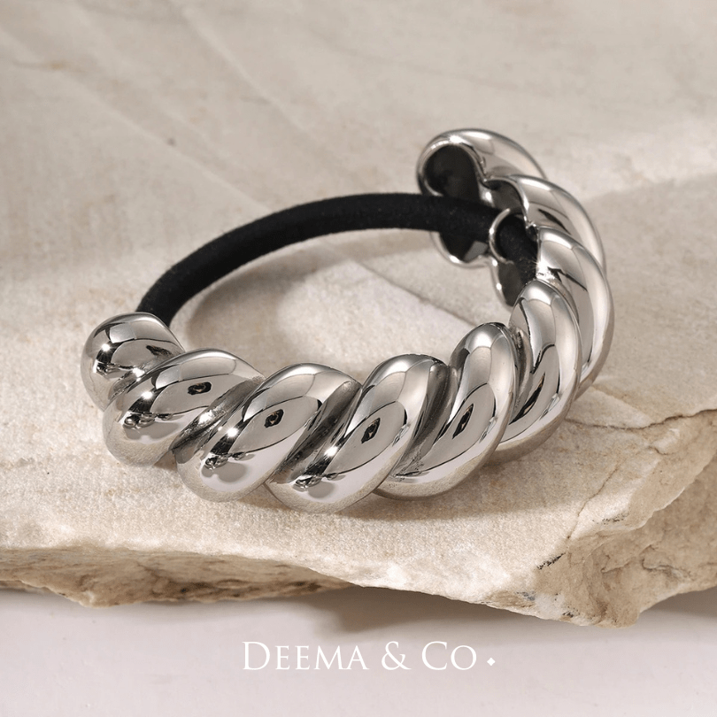 sadira croissant twirl hair tie silver flatlay